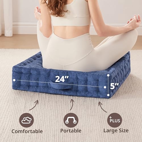 Intelligent Design Large Floor Pillow for Adults Yoga or Meditation Cushion with Handle, Floor Cushion for Board Games, Lustrous Chenille Tufted, Handsewn Scalloped Edge, Azza, 24" x 24" x 5" Navy - color: Square Navy With Handle, size: 24"W x 24"L x 5"H