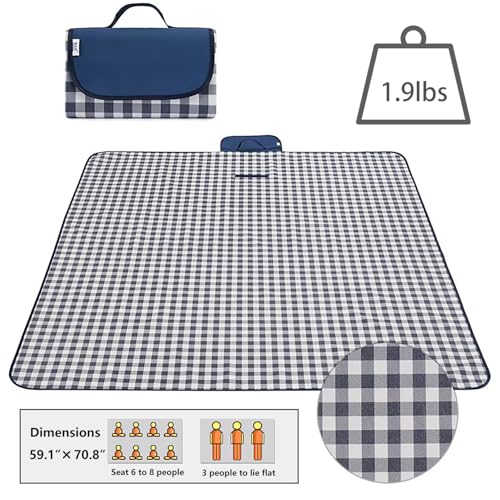 Wind Tour Waterproof Picnic Blanket with Carry Strap - Foldable Sandproof Outdoor Mat for Camping, Beach, Park - 59" x 71",Grey Grid (Single Mat) - color: 59” X 71“,grey Grid (Single Mat)