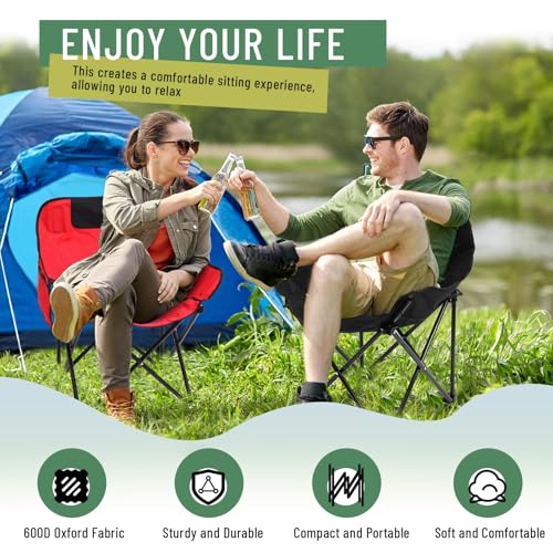 2 Pack Compact Camping Chairs Portable Folding for Outside with Carry Bag Lightweight Moon Chairs for Travel Picnic Hiking Beach Fishing, 600D Oxford, Supports 330lbs(Red, Black) - color: Red, Black