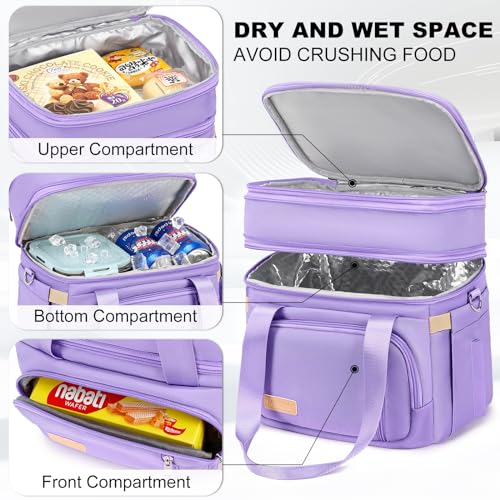 MAPLELILY Lunch Box for Men Women - Double Deck Insulated Lunch Bag, Large Leak Proof Tote Cooler, Wide Open Dual Compartment Lunch Bags with Shoulder Strap, For Work Picnic Hiking Beach, Purple - color: Purple