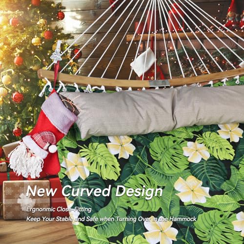 Double Hammock, 11 FT Quilted Fabric 2 Person Hammock for Outside with Pillow, Folding Curved Spreader Bar, Chains, Carrying Bag, Indoor Outdoor, 450 IB Capacity, GreenLeaves - color: Greenleaves