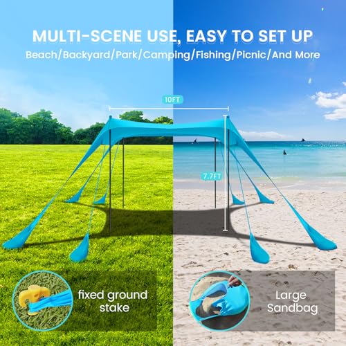Beach Tent Sun Shelter 10x10FT Beach Shade Canopy with 8 Sandbags, UPF 50+ Protection Beach Shade Canopy, Outdoor Tent for Beach