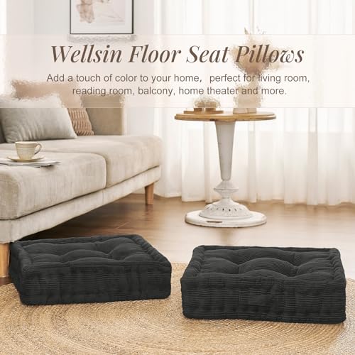 Wellsin Square Floor Pillows for Adults Kids - Meditation Floor Pillow Seating Cushion - Tufted Floor Cushion with Shredded Foam & Velvet Cover, 2 Pack, 20x20 Inch, Gray - color: Grey, size: 2 Pack (20"x20")