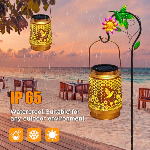 2 Packs Solar Lanterns Outdoor Waterproof with Shepherd Hook,Hummingbird Hanging Solar Lights Garden Decor,Christmas Decorations Birthday Gifts for Women Mom,Metal Bird Decorative for Yard,Patio,Lawn - style: 2 packs solar hummingbird sunflower lanterns