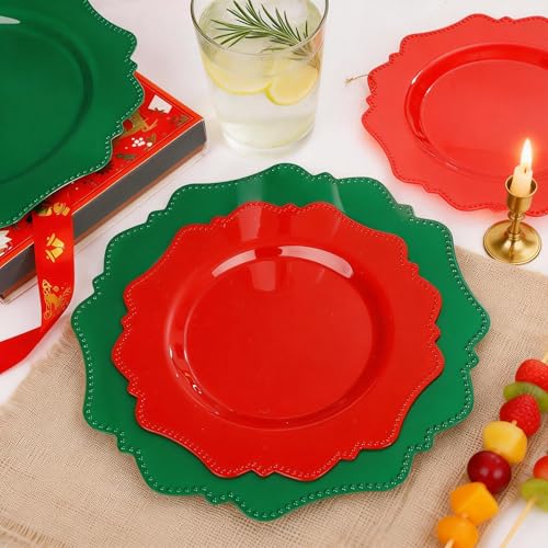 COLOSUS 100pcs Red and Green Plastic Plates, Red and Green Christmas Plastic Plates, Heavy Duty 25 Green/Red Dinner plate 10.5” and 25 Red/Green Salad/Dessert Plate 8.25” suite for Festival - color: Red and Green