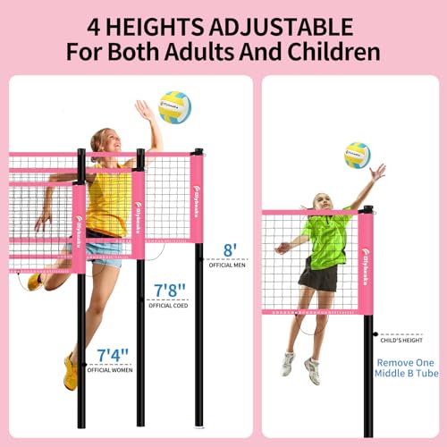 32ft Regulation Size Portable Outdoor Volleyball Net Set System for Backyard Beach with Height Adjustable Poles, PU Volleyball and Pump, Carry Bag, Boundary Line - Easy Set Up & Anti-Sagging - color: Pink