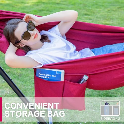 PNAEUT Double Hammocks with Stand for Outside, Portable Space Saving Heavy-Duty Steel Stand for Indoor Outdoor Patio with Carrying Bag, 450 lbs Capacity (Cherry) - color: Cherry