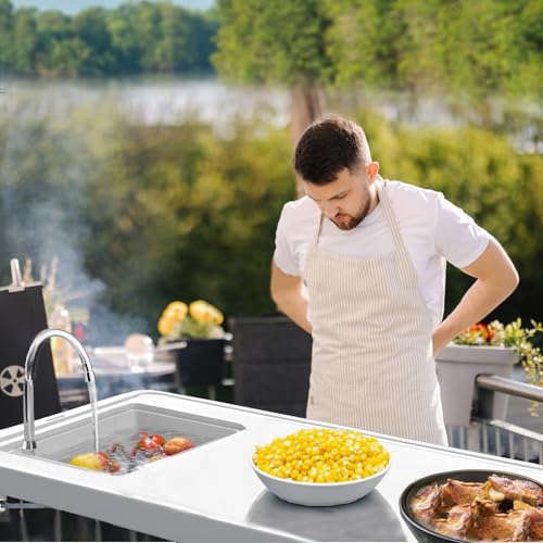 Folding Fish Cleaning Table with Sink, Portable Camping Sink Table with Measure Mark, Drainage Hose and Knife Groove, Outdoor Fish Fillet Cleaning Station for Picnic Fishing, White - color: Off White