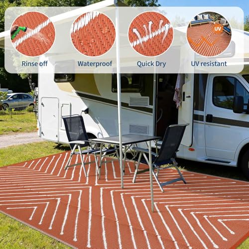 Garvee 5x8 Striped Outdoor Waterproof Rug - Reversible Modern Striped Plastic Straw Patio Mat, Portable RV Camping Rug for Picnic, Beach, Balcony, Deck - UV Protected & Easy to Clean, Orange&White. - color: Orangewhite, size: 5' x 8' (Rectangular)