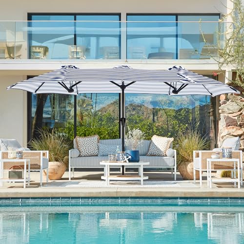 SUPERJARE 13FT Outdoor Umbrella for Patio, Double sided Pool Umbrellas with Fade Resistant Canopy, Large Table Umbrella for Deck, Market, Backyard - Blue & White Stripe - color: Blue & White Stripe, size: 13FT