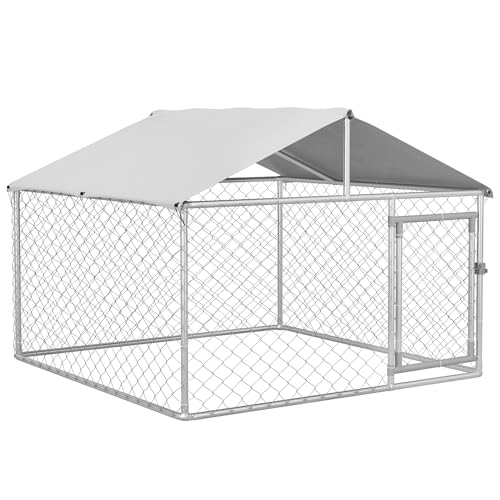 PawHut Outdoor Dog Kennel, Heavy Duty Dog Run Outdoor Fence with Waterproof Cover, Galvanized Chain Link, Secure Lock, for Large Breeds, Chickens, Ducks, 6.5' x 6.5' x 5' - size: 78.7"L x 78.7"W x 59.1"H