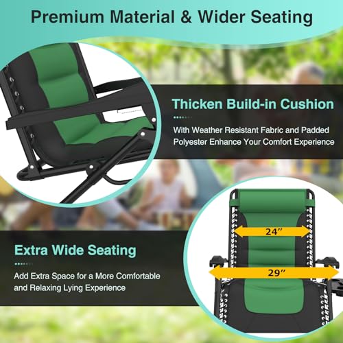Suteck Oversized Zero Gravity Chair 29In XL Reclining Camping Chair w/Build-in Cushion, Outdoor Lounge Chairs Patio Recliner with Larger Cup Holder Footrest Padded Headrest, 330LBS, Green&Black - color: Green&black, style: 29Inch