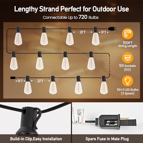 Outdoor String Lights 100 FT 52 Shatterproof LED Bulbs, UL Certified Patio Lights Outdoor Light Strings Waterproof for Patio Yard Outside Party Wedding, Connectable Dimmable 50 Sockets 2700K - size: 100 FT 50 Sockets