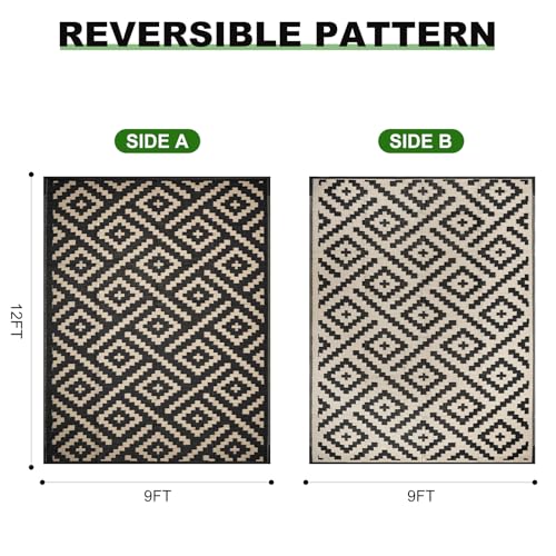 RURALITY Outdoor Rugs 9x12 Feet for Patios Clearance,Plastic Straw Waterproof Mats for Backyard,Porch,Deck,Balcony,Black&Beige - color: Cross-black&beige, size: 9' x 12' (Rectangular)