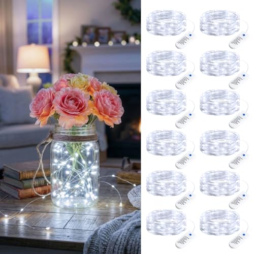 Minetom 12 Pack Fairy Lights Battery Operated String Lights 8 Modes, 7ft 20LED White Waterproof Silver Wire Twinkle Lights, Firefly Starry Moon Lights for Mason Jars DIY Christmas Wedding Party - color: White, size: 12 Pack