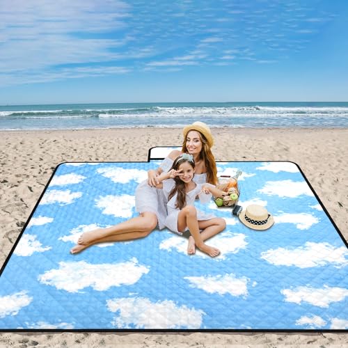 Picnic Blankets, 79''x79'' Extra Large Beach Blanket Waterproof Sandproof, Foldable & Portable Outdoor Mat 3-Layer Beach Blanket for Family Camping, Park, Travel, Backyard, Grass Lawn-Clouds