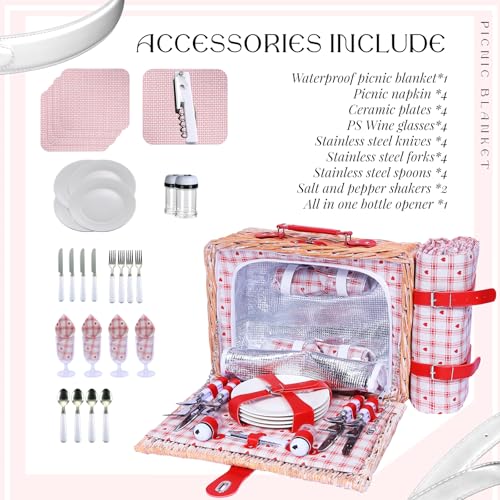 Picnic Basket Set for 4 with Waterproof Blanket Mat Insulation Bag Wicker Floral Pink Red Love Plaid Cute Kawaii Gift for Wedding Birthday Summer Camp Outdoor Camping Beach Travel Christmas - color: Red Heart