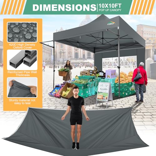 COBIZI 10x10 Pop Up Canopy Tent with Awning & Sidewalls, Heavy Duty Commercial 10X10 Canopy Tents Instant Waterproof, UPF 50+ Sun Shade for Outdoor, Parties, Markets (Gray) - color: Gray, size: 10x10FT with 3 Sidewalls & 1 Awning Cloth