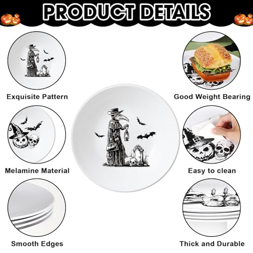4 Set 10 Inch Halloween Gothic Plates Melamine Halloween Dinnerware Set Reusable Skull Candle Bat Tombstone Crow Melamine Plate Dishwasher for Toddlers Creatively Drop Resistant Cute Plastic Dish - style: Gothic