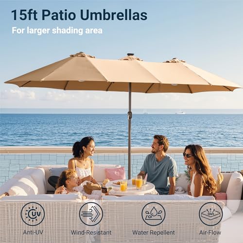 HOOOWOOO Outdoor Patio Umbrella With Solar Light,15 Ft Large Beach Umbrella,UV Protection Picnic Market Parasol Sunshade W Base Crank Handle For Backyard Deck Pool Shade - color: Beige
