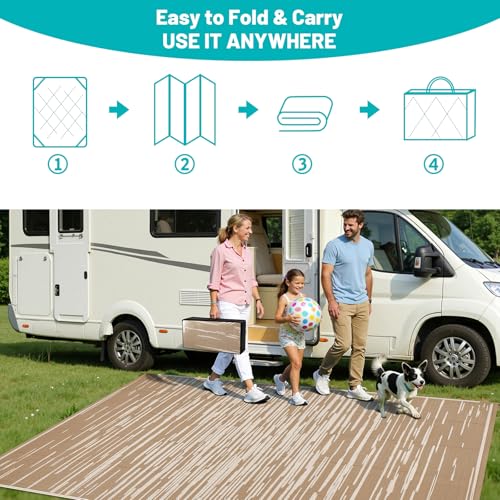 HEBE Outdoor Rug 9'x12' for Patios Clearance, Waterproof Reversible Plastic Straw Rug Camping Mat, Indoor Outdoor Area Rugs Carpet for Deck, Porch, RV, Picnic, Balcony - color: Stripe/Beige, size: 9' x 12' (Rectangular)