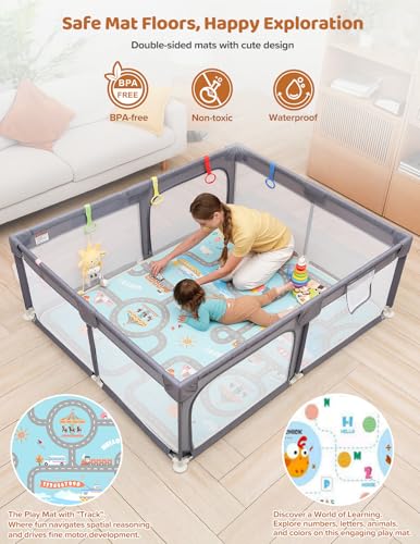 Dripex Baby Playpen with Mat, 71"x59" Play Pen for Toddlers 1-3 Years, Soft Breathable Visible Mesh, Indoor/Outdoor Portable Play Yard with Mat, Safe Baby Fence Play Area, Grey - color: Grey, size: 71"×59" with Mat