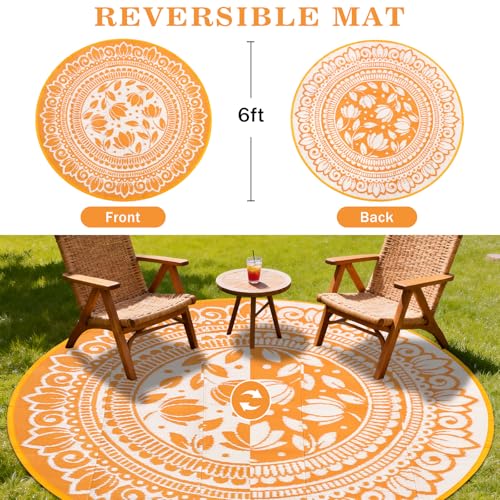 6ft Round Boho Floral Outdoor Rug, Reversible Waterproof UV-Resistant Modern Outdoor Carpet, Plastic Straw Woven Camping Mat for RV, Patio, Backyard, Deck & Porch, Orange - color: Orange, size: 6' (Round)
