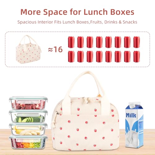 Reusable Insulated Lunch Bag for Women Men, Corduroy Lunch Tote Leakproof Cooler Bag with Reinforced Stitching, Cute Lightweight Thermal Lunch Box for Work Picnic Travel, Strawberry - color: Strawberry