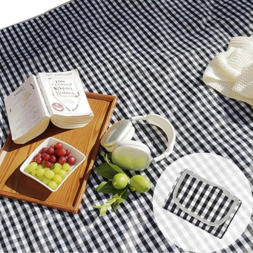 Cute Gingham Picnic Blanket, Waterproof Foldable, in Large 80x60in and Extra Large 80x80in, Portable Compact Beach Blanket, Oversized XL Outdoor Mat (Black, X-Large) - color: Black, size: X-Large