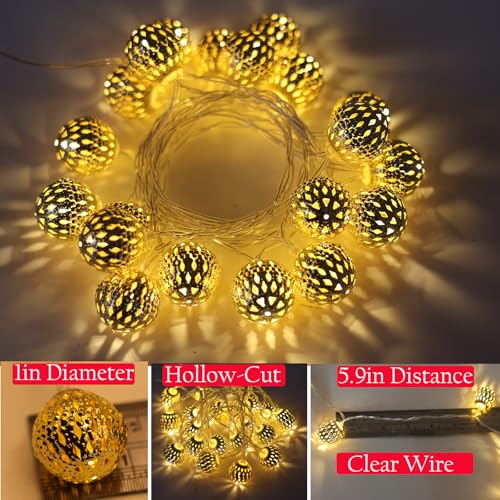 USB & Battery Operated Fairy Moroccan String Lights for Home Bedroom Decor, 9.8ft 20 LED Decorative Metal Gold Globe Lanterns 8 Modes Diwali Decoration for Christmas Birthday Boho Party (Warm White) - color: Warm White