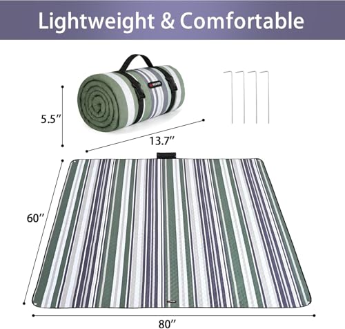 HX&OD Outdoor Picnic Blanket Extra Large, 80''*60'' Waterproof Picnic Mat with Stakes Foldable Camping Blanket Portable with Carry Strap for Beach Mat (Green& White, 80''*60'') - color: Green, size: 5' x 6'8" (Rectangular)
