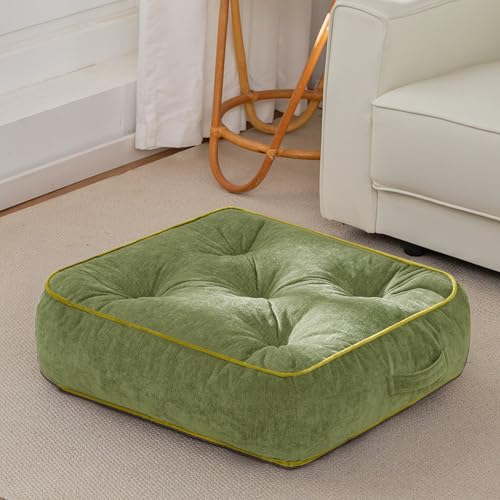 HIGOGOGO 6" Extra Thick Floor Pillow Cushion for Adults, Meditation Cushion Pillow with Handle, Lustrous Chenille Tufted, Square Floor Sitting for Tatami Living Room or Yoga, 22x22 Inch, Green - color: Square Green, size: 6" Thick(pack of 1)