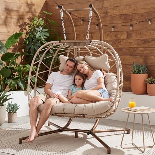 BULEXYARD 2 Person Double Egg Swing Chair with Stand, Oversized Boho Hanging Hammock Wicker Loveseat with Cushion, Comfy Outdoor Patio Chair for Balcony Backyard Bedroom, Beige - color: Beige/Beige, size: 2 Seats (No Cover)