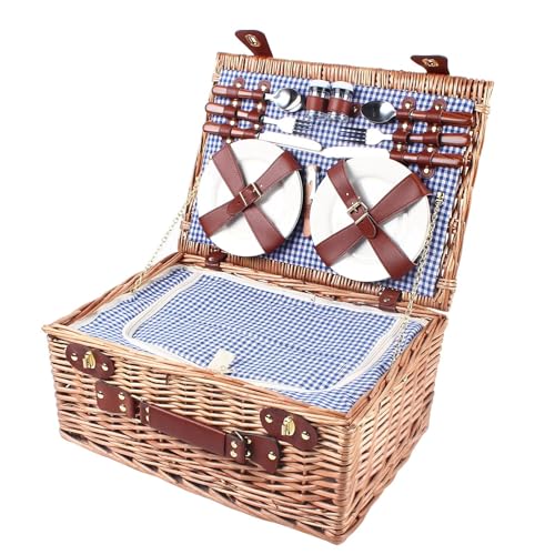 Blue 4 Persons Wicker Large Insulated Cooler Compartment with Lid and Handle Picnic Basket Set