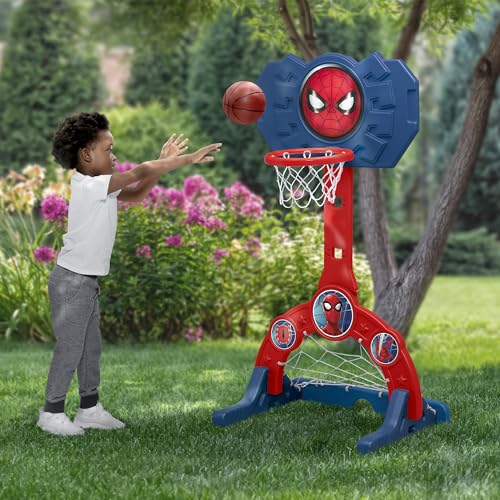 Delta Children Marvel Spider Man 4-in-1 Sports Center – Adjustable Easy Score Basketball Hoop, Soccer/Hockey Net and Golf Game, Red/Blue - color: Marvel Spider-man