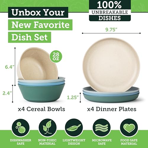 Grow Forward Premium Wheat Straw Plates and Bowls Sets - 8-Piece Wheat Straw Dinnerware Sets - Unbreakable & Reusable Microwave Safe Plastic Dinner Plates for Outdoors, RV, Camping Dishes - Oasis - color: Oasis