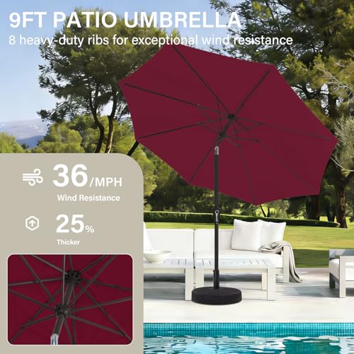 MEWAY 9ft Patio Umbrella Outdoor Table Umbrellas with Push Button Tilt and Crank, Market Umbrella 8 Sturdy Ribs for Deck, Garden, Pool and Backyard, Dark Red - color: Dark Red, size: 9ft