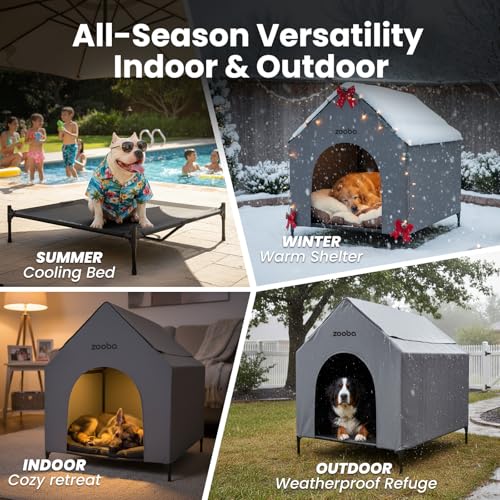 Zooba 36" Large Dog House for Large Dog Indoor or Outside, Weatherproof 600D PVC Outdoor, Featuring Breathable 2x1 Textilene Elevated Dog Bed, Easy Clean (Grey) - color: Grey, size: Large: 36 inch