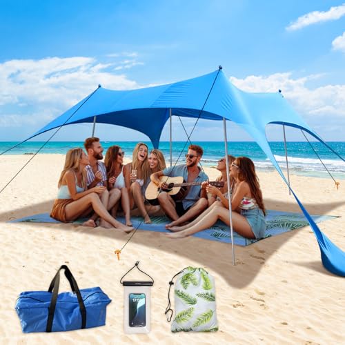 Beach Canopy Tent with UPF50+ Protection Sun shelter Umbrella Portable Camping Tents 12X12FT Include Beach Blanket Phone Case with Sandbags Poles Anti-Wind Ropes for Beach Camping Backyard Picnics - style: 12x12FT with 79" X 118"beach blanket