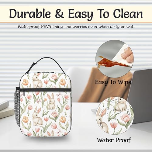 Cute Rabbit Easter Lunch Bag for Kids,Pink Bow Tulip Flower Insulated Lunch Box for Women, Large Capacity with Mutiple Pockets Gilrs Boys School Thermal Bag for Work,Picnic,Hiking - color: Cute Rabbit Easter