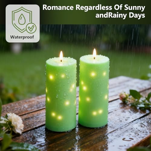 kakoya 10" x 4" Large Outdoor Waterproof Flickering Flameless Candles with Timer,2Pcs Battery Operated LED Pillar Candles with Embedded Star String for Outdoor Lanterns,Porch,Patio Decor(Green) - color: Green, size: 2PCS-D4"xH10"