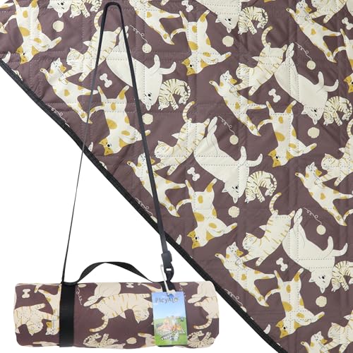 Outdoor Picnic Blanket Brown Cat&Dog 60"x80" Sandproof Beach Blanket Waterproof Picnic Blankets Foldable for Caming, Beach, Outdoor Activities. - color: Brown Cat&dog, size: 60"x80"