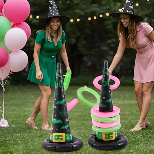 Leitee 10 Pcs Inflatable Witch Hat Ring Toss Game Set Carnival Pink and Green Inflatable Ring Toss for Witch Themed Birthday Party Decoration Indoors Outdoors