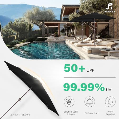 JEAREY 6.5x10 ft Rectangular Patio Umbrellas Rectangle Outdoor Umbrella with Push Button Tilt and Crank, Market Table Umbrella 6 Sturdy Ribs UV Protection for Poolside Garden Backyard Deck, Black - color: Black, size: 6.5x10ft