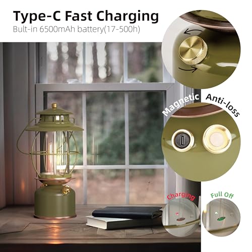 Metal Vintage LED Camping Lantern, 6800mAh Rechargeable Battery Last 17-500 Hours Camping Lamp, Large Dimmable Hanging Lantern, Retro Camping Light with Hook for Courtyard Outdoor Decoration - style: Retro Army Green
