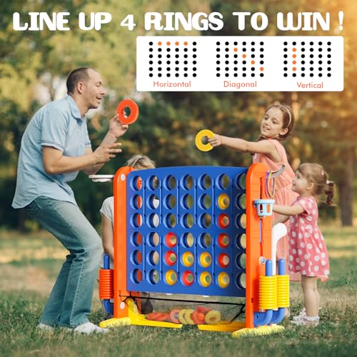 Giant 4-in-A-Row Connect Game Set, Adjustable Height Jumbo Yard Game with Golf, Basketball Hoop, Ring Toss & Mesh Pocket, Indoor & Outdoor Yard Connect Game for Kids Adults Family - color: Blue