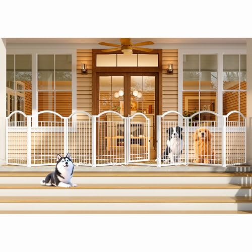 4NM Metal No Drilling Expandable Dog Gate, Extra Wide 192", Extra Tall 32" Free Standing Pet Gate with Door, Gates for Dogs Outdoor or Indoor, with 4PCS Support - White - color: White, size: 【32"H】8-Panel with Door