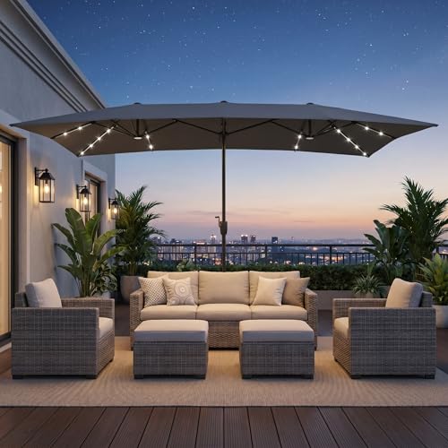 15×15ft Outdoor Patio Umbrella, Double Sided Market Rectangle Umbrella with Crank Handle, Large Sun Shade for Outside Deck, Backyard, Garden - color: Gray with LED lights