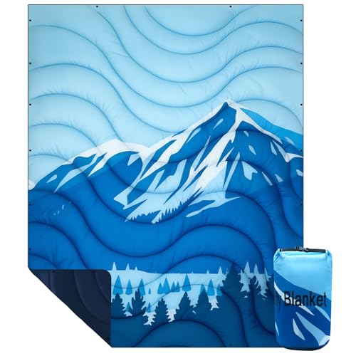 Camping Blanket Waterproof, Packable Down Alternative Puffy Printed Camp Blankets Ultra Warm Lightweight Hammock Top Quilt Outdoor Blanket for Travel Picnic Stadium Hiking Party Cold Weather 55"x78.8" - color: Blue Mountain Blanket