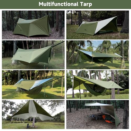 14ft Hammock Rain Fly Lightweight Waterproof Camping Tent Tarp with Doors and Dual Support Poles, Bushcraft Tarp Shelter for Backpacking Hiking Camping - color: Army-2